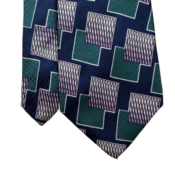 Tiemakers Mens Navy & Green Silk Geometric Pattern Necktie Handcrafted USA - Picture 4 of 8